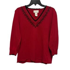 VTG Bethany Sweater Womens XL Red Black Embroidery Beaded Silk Holiday Christmas